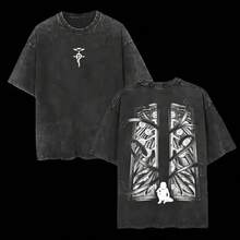 Camiseta Vintage de Gran Tamaño con Doble Estampado, Unisex, Estilo Anime Manga, de Algodón Grueso Lavado, Regalo para Fanáticos del Anime, Amantes del Anime, Camiseta Retro de Algodón Lavad - Negro - Ver 1