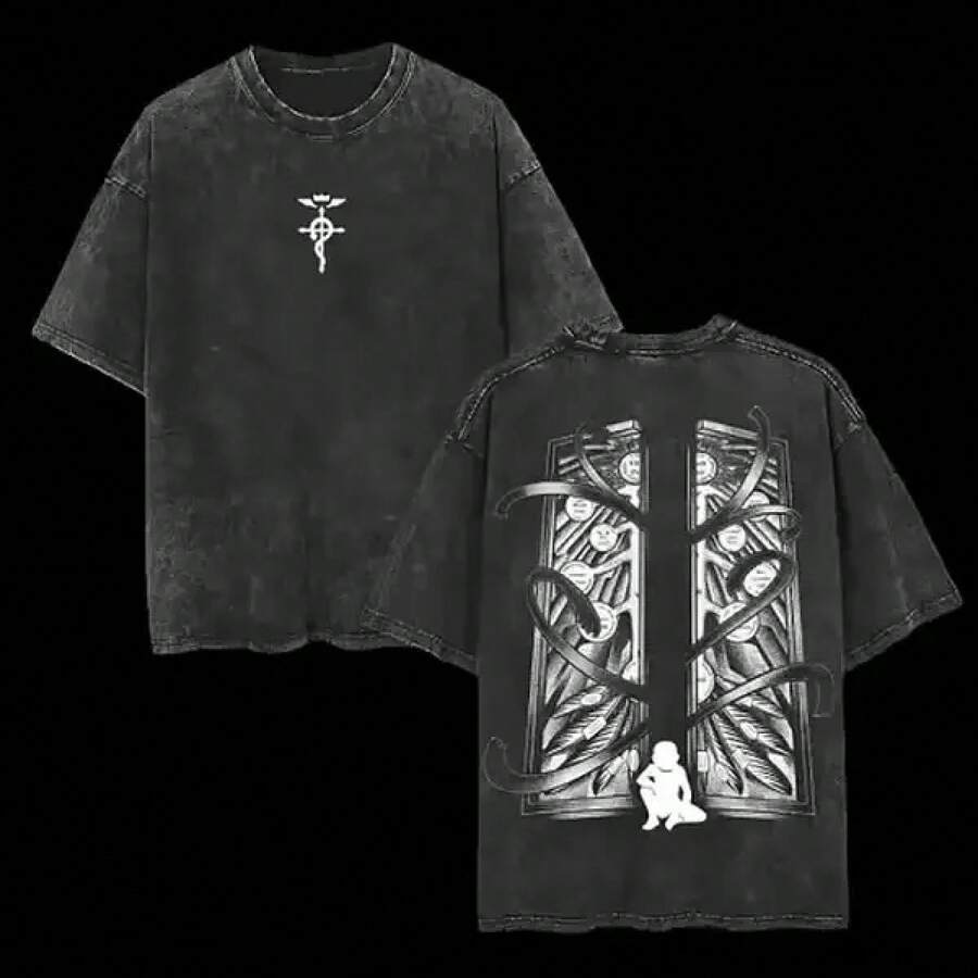 Camiseta Vintage de Gran Tamaño con Doble Estampado, Unisex, Estilo Anime Manga, de Algodón Grueso Lavado, Regalo para Fanáticos del Anime, Amantes del Anime, Camiseta Retro de Algodón Lavad - Negro - Ver 1