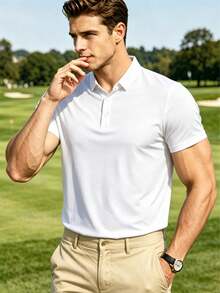 Cooling Quick-Dry Breathable Daily Top, Elastic Ice Silk Sports Short Sleeve, Solid Color Polo Shirt With Collar - White - View 1