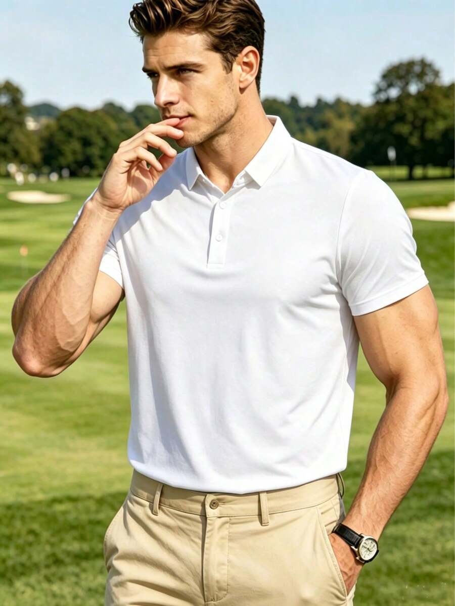Cooling Quick-Dry Breathable Daily Top, Elastic Ice Silk Sports Short Sleeve, Solid Color Polo Shirt With Collar - White - View 1