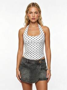 Women's Halter Tank Tops Summer Dot Print Sleeveless Backless Tie Neck Vest Slim Fit Going Out Shirt - White - View 1