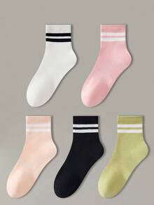 ZUJO 5 Pairs Striped Pattern White Women's Short Socks, Non-Slip Comfortable Breathable, Suitable For Spring And Summer, Suitable For Sports And Casual Wear - Multicolor - View 7