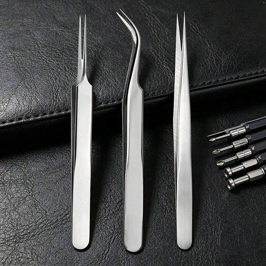 3pcs Stainless Steel Precision Pointed Tweezers Set, Curved + Straight Precision Tweezers, Precision Tweezers For Phone Repair, High Hardness Durable Precision Tweezers Set, Precision Tweezers Set For Chip Soldering - C-Silver - View 1