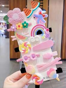 14件/24件可愛女孩髮夾套組，彩虹、水果、花朵設計髮夾，防滑瀏海夾，適合日常配戴 - 彩色 - 查看 7