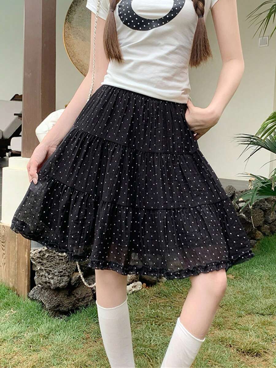 春/夏新款溫柔風波點休閒拼接A字裙,女款,隨機布料剪裁,黑色度假風,附荷葉邊裙襬 - 黑色 - 查看 1
