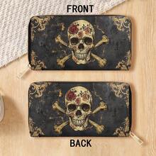 Skull And Bone Design Long Wallet With Zipper, This Multifunctional Handbag Includes Card Slots, Card Holder And Coin Pocket. It Features A Fashionable Double-Sided Pattern, Perfect For Both Men And Women. - Multicolor - View 2
