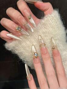 10PCS Long Stiletto Handmade Press On Nails For Party And Daily Wear,Champagne Cat Eye French Press On Nails With Tiny Rhinestones & Gilded Dead Leaf Butterfly.Easy To Wear,Summer Nails,Suitable For Girls And Women Festivals Parties And Daily Wear - Champagne - View 3