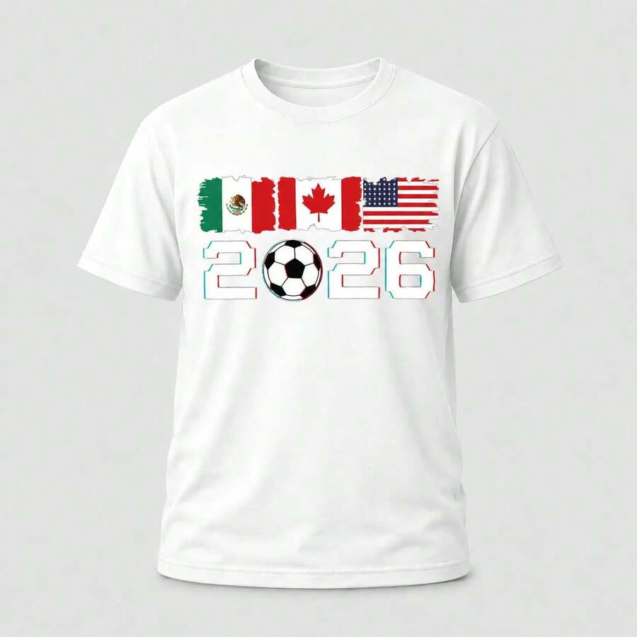 [E Mexico 2026] Men's Summer T-Shirt, New Model For USA-Canada-Mexico 2026 Soccer Fans - Colorful Soccer Ball Print, Casual Sportswear For Men - 白色 - 查看 1