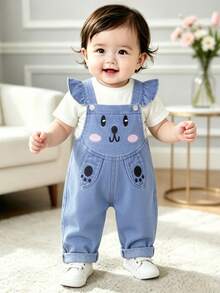 Baby Girl 6M-3T Denim Overalls, Denim Jumpsuit, Cartoon Rabbit Overalls, Toddler Casual Pants, Cute Baby Long Pants, Breathable, Suitable For Daily Outdoor Photography - Blue - View 6