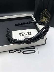 1pc Black Leather Headband, Leather Quilted Headband, Camellia Bow Headband, Vintage High-End Elegant Headband, Suitable For Commuting, Dating, Party And More - Multicolor - View 5