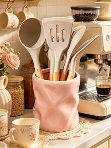 1pc Ceramic Kitchen Utensil Holder, Modern Wavy Countertop Cutlery Jar, Pastoral Style Decorative Utensil Storage Box. Can Hold Soup Spoons, Forks And Spatulas. This Multi-Functional Kitchen Storage Tool Is Suitable For Home And Kitchen Decoration, Available In Pink, Off-White, Black And Purple. - Multicolor - View 3
