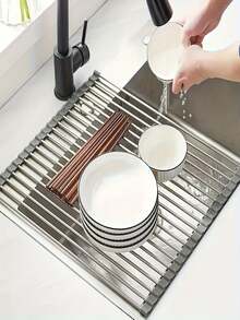 1pc Luxury Roll-Up Stainless Steel Dish Drying Rack & Fruit Strainer - Space-Saving, Multi-Functional, Sink-Top Design, Portable Rollable, Rust-Resistant, Easy To Clean, Kitchen Sink Storage Tool And Mat - Perfect For Small Kitchens - Multicolor - View 3