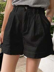 Shorts vaqueros de tiro alto con dobladillo enrollado - Marrón Chocolate - Ver 11
