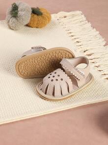1 Pair Infant Shoes With Floral PU Lace Trim, Flat Sole, Simple Versatile Sandals For Summer - Apricot - View 1