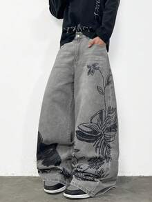 Justice Brother 1pc American Streetwear Personalized Embroidered Men's Denim Jeans Casual All-Season Loose Wide Leg Long Pants (Belt/Accessories Not Included) - Grey - View 4