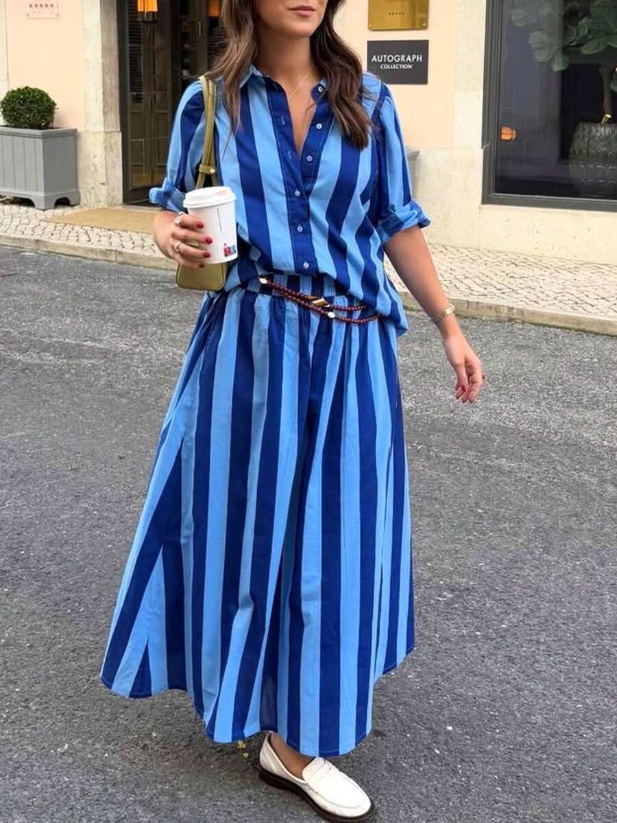 2pcs New Elegant Striped Bohemian Casual Suit, Versatile For Beach, Vacation, Daily Wear, Dates, Street Style, All Seasons - Blue - View 1