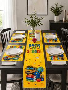 1pc-Back To School Table Runner And Placemats Set, Yellow School Bus Linen Table Decor With Books, Apple, Globe And Stars For Welcome Back Party, Teacher Classroom, Dining Room And Kitchen - Multicolor - View 3