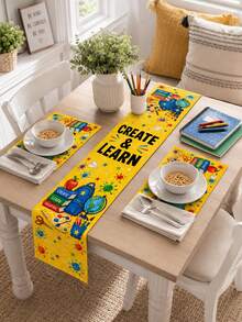 1 pieza - Juego de camino de mesa y manteles individuales de vuelta al colegio, decoración de mesa de lino amarillo Create & Learn con mochila, libros, pintura, lápices y manzana para fiesta temática de estudio para niños, aula y comedor de cocina - Multicolor - Ver 4