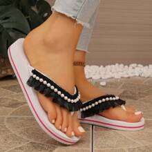 Summer New Fashion Minimalist Women's Black Slippers With Pearl Chain Decoration, Flip-Flops, Suitable For Daily, Commute, Party, Beach And Other Occasions, Can Be Matched With Dresses, Shorts, Versatile And Fashionable. - Black - View 4