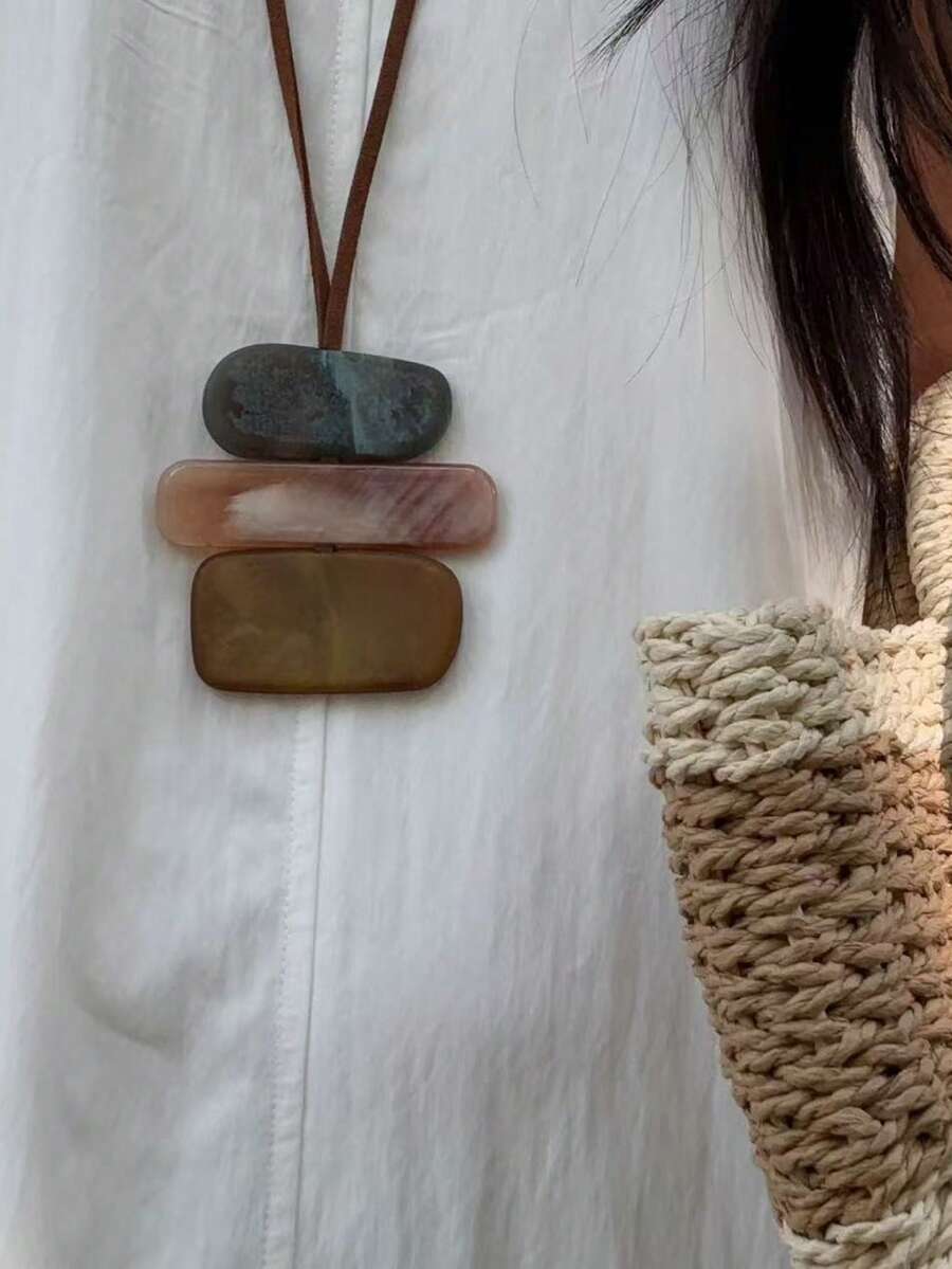 1件復古梅納反應皮革樹脂紮染橢圓長方形項鍊 女款 - 黃色 - 查看 1