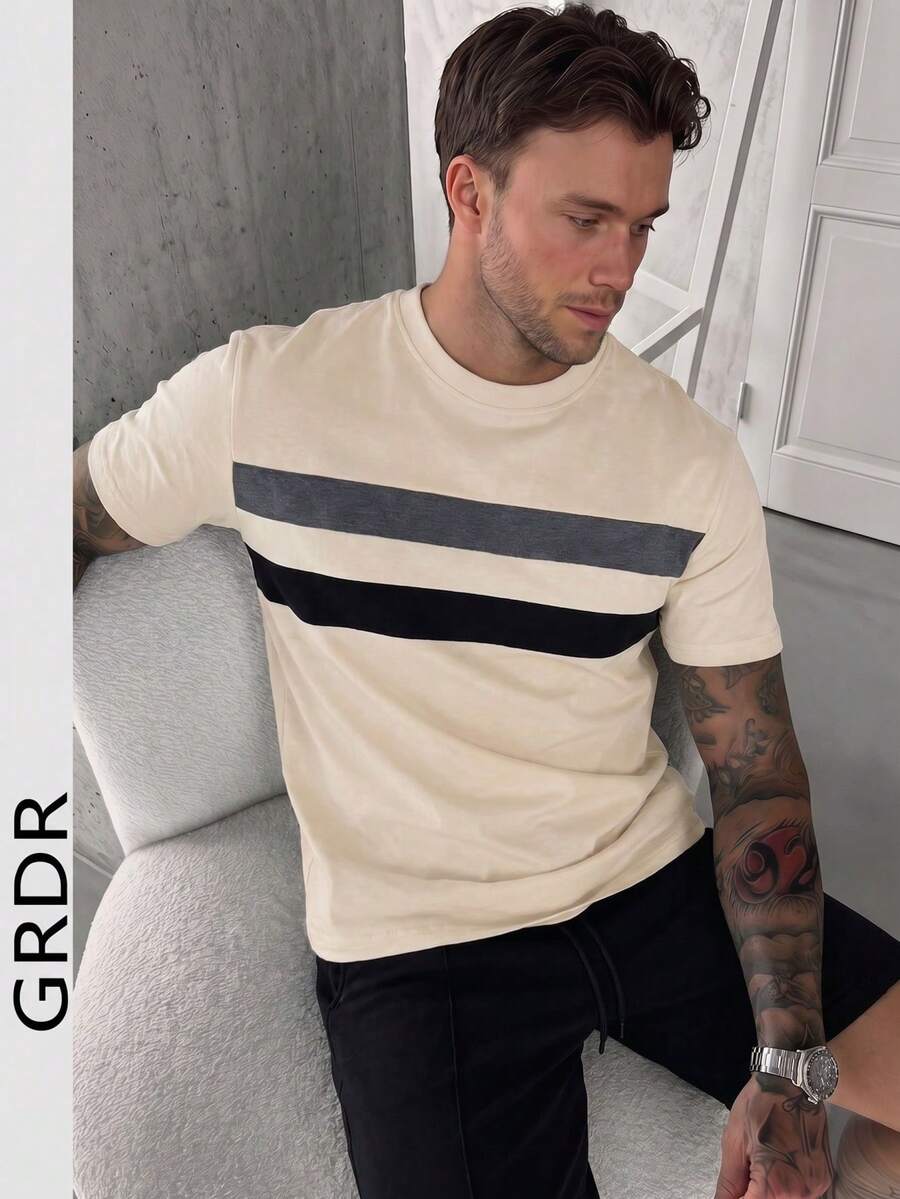 GRDR Men's Personalized Print Short Sleeve T-Shirt, Suitable For Summer, Comfortable & Breathable, Leading Fashion - Apricot - View 1