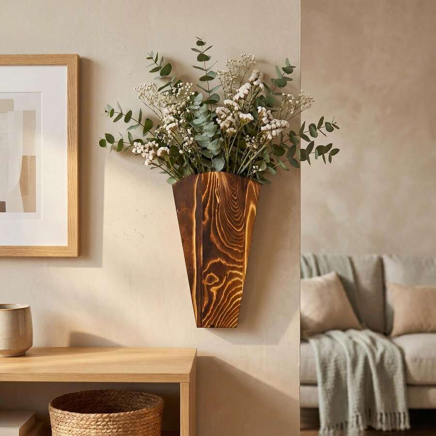 Vase mural en bois, jardinière suspendue de style bohème, convient pour les feuilles d'eucalyptus et la décoration de fleurs séchées, étagère de décoration de maison de style nordique, convient pour le salon et la chambre à coucher - A - Voir 1