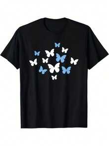 Vibrant Monarch Butterfly Print, Lightweight And Breathable, Short Sleeve, Round Neck, Casual T-Shirt For Everyday Wear, Outdoor Sports, Spring/Summer/Autumn, Sizes XL - 5XL - 黑色 22 - 查看 1