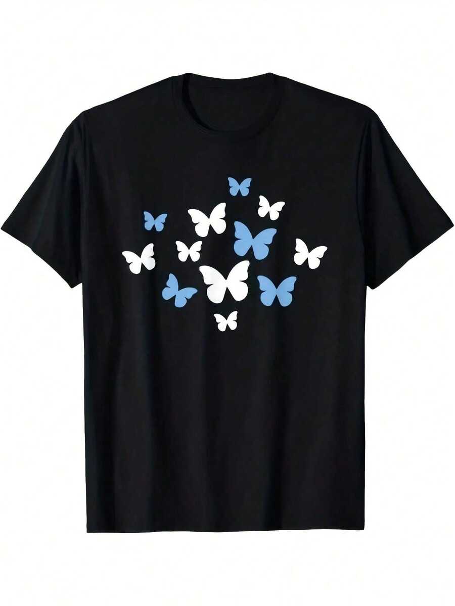 Vibrant Monarch Butterfly Print, Lightweight And Breathable, Short Sleeve, Round Neck, Casual T-Shirt For Everyday Wear, Outdoor Sports, Spring/Summer/Autumn, Sizes XL - 5XL - 黑色 22 - 查看 1