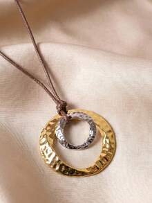 1pc Vintage Dual Ring Contrast Color Hammered Texture Drawstring Necklace, Suitable For Daily Wear, Banquet, Holiday Gift - Multicolor - View 2