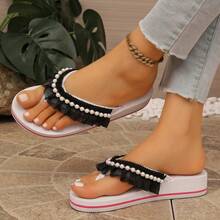 Summer New Fashion Minimalist Women's Black Slippers With Pearl Chain Decoration, Flip-Flops, Suitable For Daily, Commute, Party, Beach And Other Occasions, Can Be Matched With Dresses, Shorts, Versatile And Fashionable. - Black - View 5