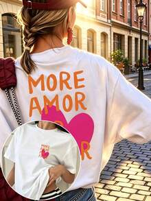 女款夏季度假 T 恤，印有「More Amor Por Favor」文字與粉色愛心圖案，休閒圓領短袖上衣，白色 - 白色 - 查看 9