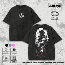 Vintage Washed Graphic T-Shirt With Uchiha Sharingan Curse Mark, Unisex, Y2K Streetwear Style, Acid Wash T-Shirt, Uchiha Sleeve T-Shirt - 黑色 - 查看 1