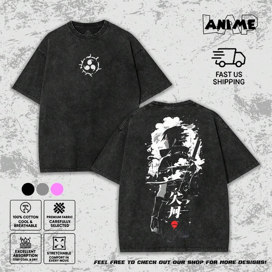 Vintage Washed Graphic T-Shirt With Uchiha Sharingan Curse Mark, Unisex, Y2K Streetwear Style, Acid Wash T-Shirt, Uchiha Sleeve T-Shirt - 黑色 - 查看 1