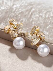 1 Pair Beautiful Cubic Zirconia & Faux Pearl Earrings, Designed For Women, Suitable For Wedding, Engagement, Anniversary Party, Valentine's Day Gift - 1# - View 4