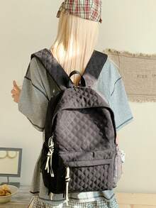 1 pieza Mochila acolchada de nylon de gran capacidad para mujer, decoración de borlas, mochila preppy casual minimalista, adecuada para estudiantes, escuela, regreso a clases, compras, uso diario - Multicolor - Ver 1