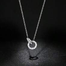 1pc Gold/Silver Double Ring Intertwined Pendant Necklace With Roman Numeral Engraving And Zirconia Inlay, Versatile Jewelry Accessory For Summer Outings And Photo Shoots, Couple Anniversary Gift - Multicolor - View 7