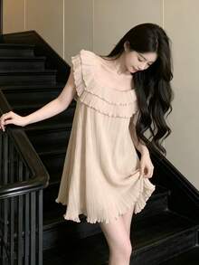 New Summer Collection: Women's Square Neck Frill Pleated Dress In Beige. Elegant And Feminine, Perfect For Dates, Parties, And Weddings. - Apricot (chiffon + Lining) - View 9