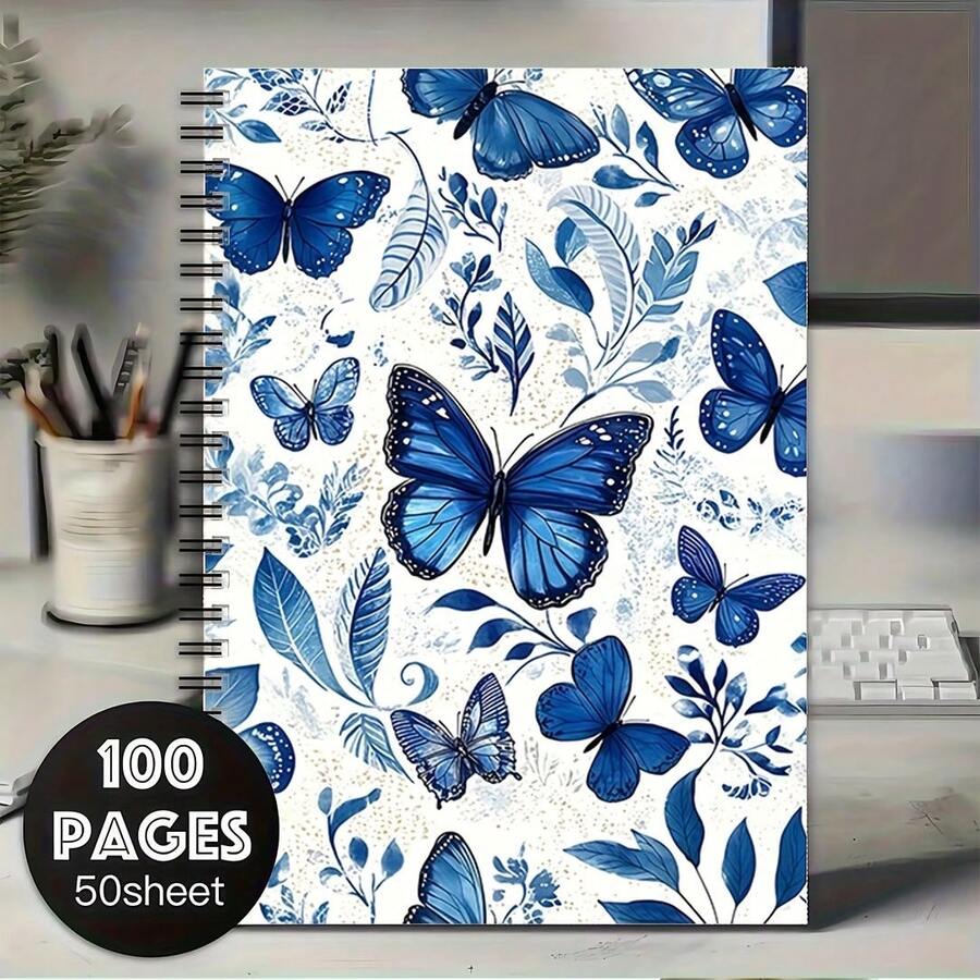 Cuaderno Espiral Floral de Mariposa Azul - Diario con Rayado Universitario, Hecho de Papel de Alta Calidad, Portátil para Tomar Notas, Aprender y Escritura Creativa - Adecuado para Estudiantes, Profesionales y Entusiastas del Diseño Artístico, Cuaderno de Mariposa, Profesional - A - Ver 1