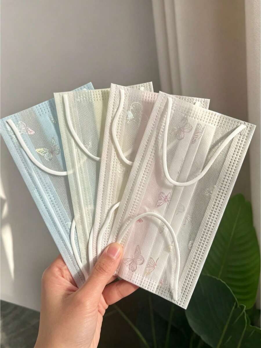 120/40/30/20/10入 金箔蝴蝶圖案亮片一次性面罩，薄款透氣網紗面罩，女款，包裝，適合個人、節日與日常使用