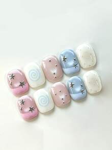 10pcs Sweet Dot Star Nails In Pink-Blue-White Palette, Decorated With Metal Stars, Swirl Lines, Beads And Micro Dots. Glossy And Reusable, Delicate Soft-Style Nail Set. Handmade Press On Nails - Multicolor - View 2