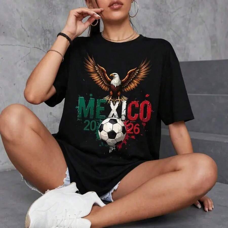 Playera Estampada México 1016 Fútbol Camiseta Negra Oversize Unisex Diseño Águila Apoyo Selección Mexicana Ropa Casual Alta calidad Material de algodón con cuello redondo 8FCN - Negro - Ver 1