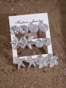 1/6 pares de pendientes para mujer con forma de estrella de mar, concha, caracola, flor de cinco pétalos y espiral infinito, chapados en plata, accesorios de playa y océano, joyería de verano para mujer, pendientes de plata - Plata Gris - Ver 2