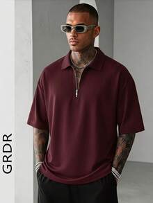 GRDR 男士夏季半拉链 Polo 衫，纯色经典短袖，适合户外休闲穿着 - 酒紅色 - 查看 4