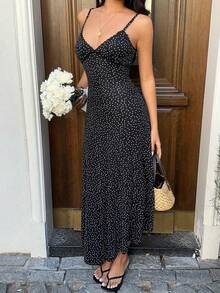 Vestido camisero de verano con tirantes finos, ajustado, con estampado de lunares y ribete de encaje - Blanco y Negro - Ver 6