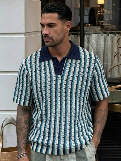 Men's Knitted Polo Collar Short Sleeve French Vintage Vertical Striped Textured Pullover Sweater Spring Summer