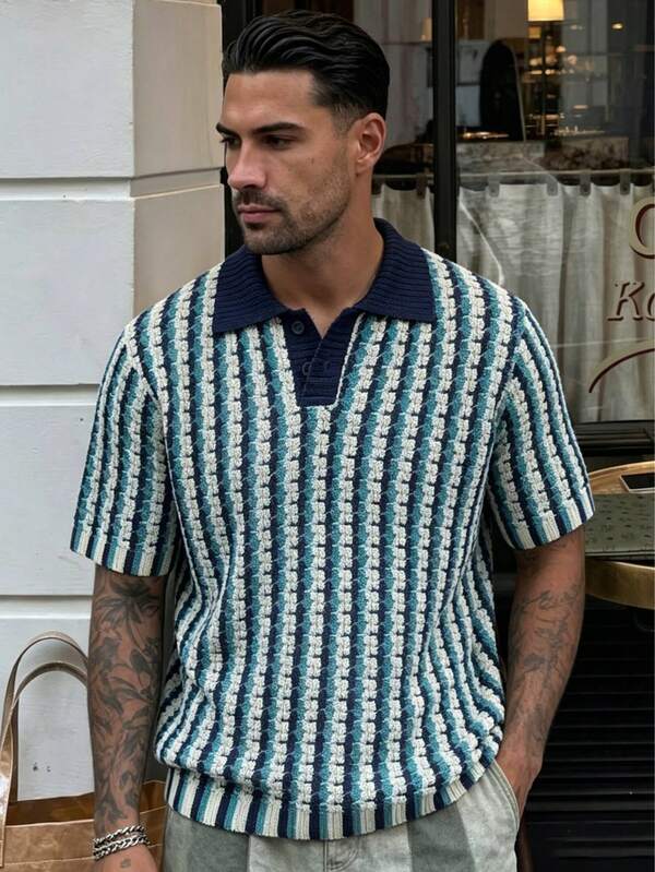 Men's Knitted Polo Collar Short Sleeve French Vintage Vertical Striped Textured Pullover Sweater Spring Summer