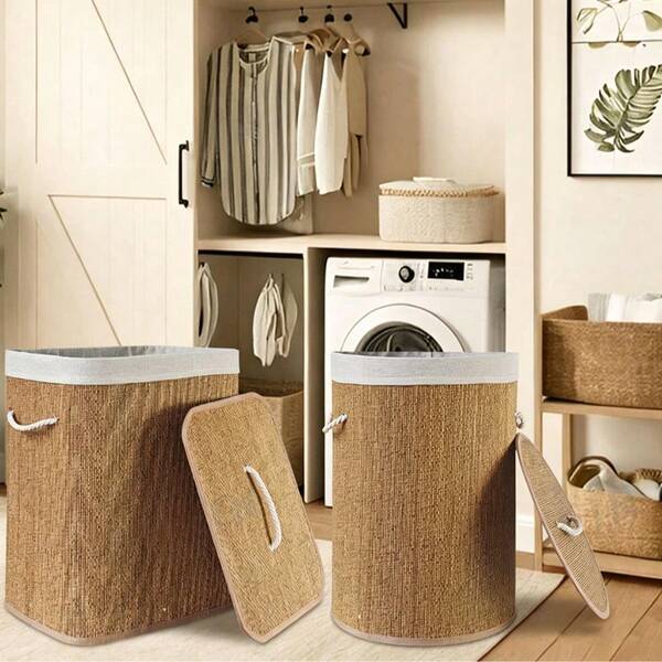 Bamboo Large Capacity Flip Lid Foldable Laundry Basket With Handle And Lid, Space-Saving Storage Bin For Bathroom, Laundry Room, Bedroom And Home
