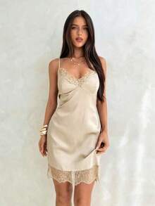 Nuevo elegante y sexy vestido de satén marrón con ribete de encaje, adecuado para festivales de música, fiestas y bodas en primavera/verano - Albaricoque - Ver 1