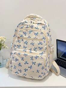 3pcs Nylon Bow Print Backpack Set, Foldable Multi-Po Cket Large CapacityWater-Resistant Zipper Backpack Suitable F Or Teenagers, High School - Blue - View 7