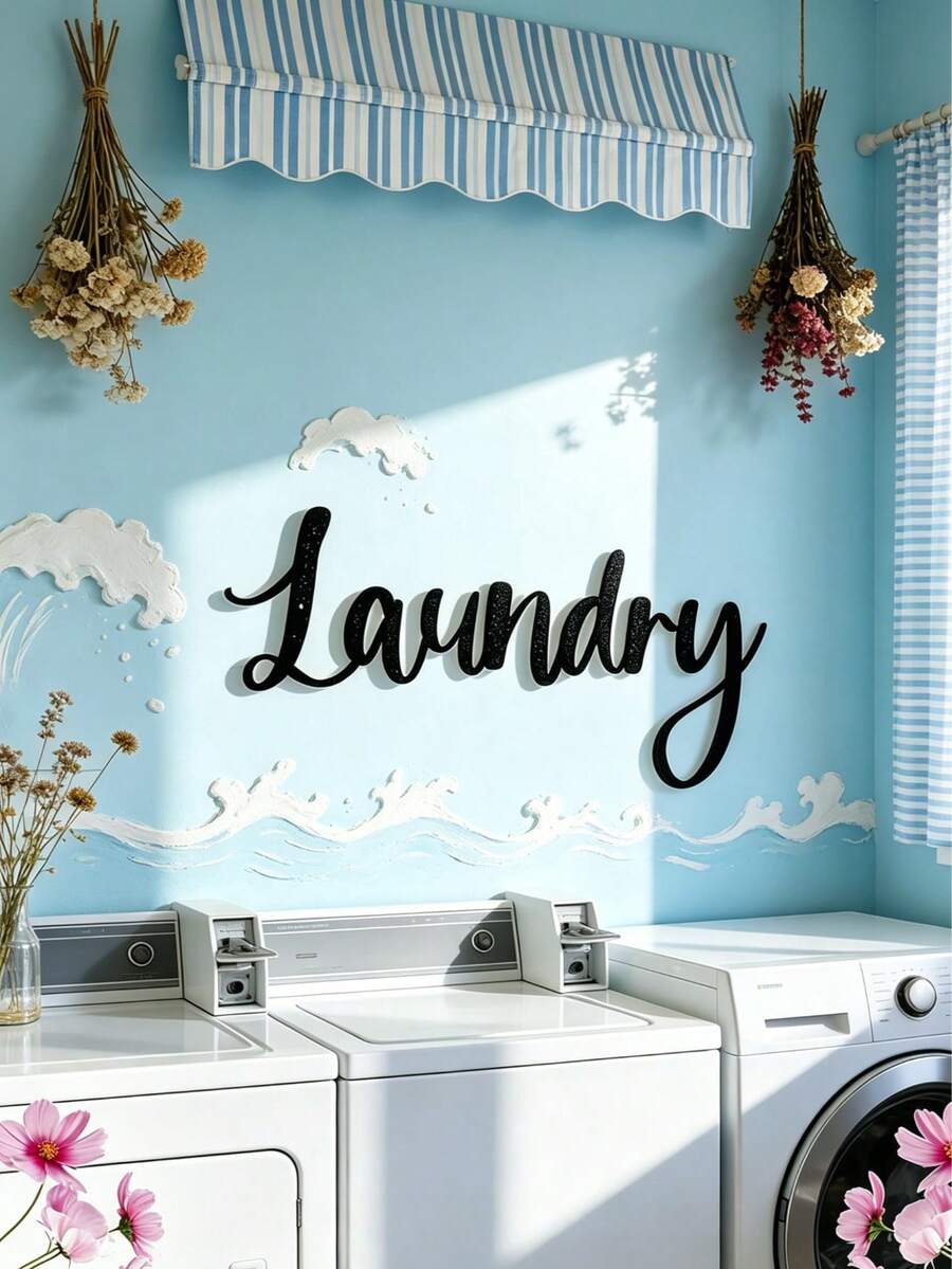 1pc Farmhouse Laundry Room Metal Wall Art – Rustic Hanging Sign For Laundry Room Or Bathroom Decor - Black - View 1